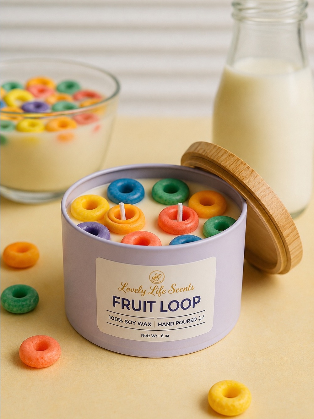Fruit Loop 6oz Double Wick Premium Soy Candle in White Tin - Picture 2 of 3